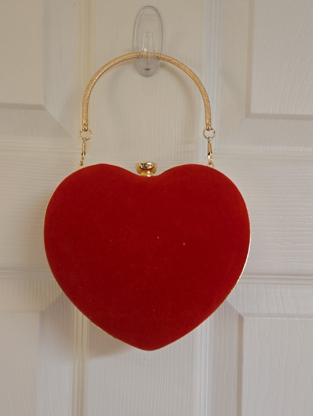 Red Heart-Shaped Velvet Handbag with Gold Handle